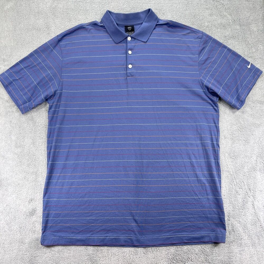 Nike Polo Shirt Mens 2XL Blue Striped Cotton Swoosh Logo Golf Tennis Resort Wear